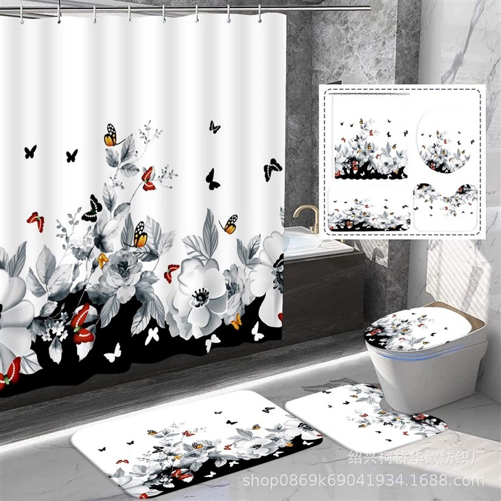 Plant Flower Shower Curtain Set Printed Polyester Waterproof Shower Curtain Four-piece Bathroom Curtain Set