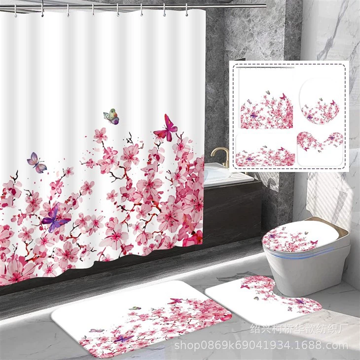 Plant Flower Shower Curtain Set Printed Polyester Waterproof Shower Curtain Four-piece Bathroom Curtain Set
